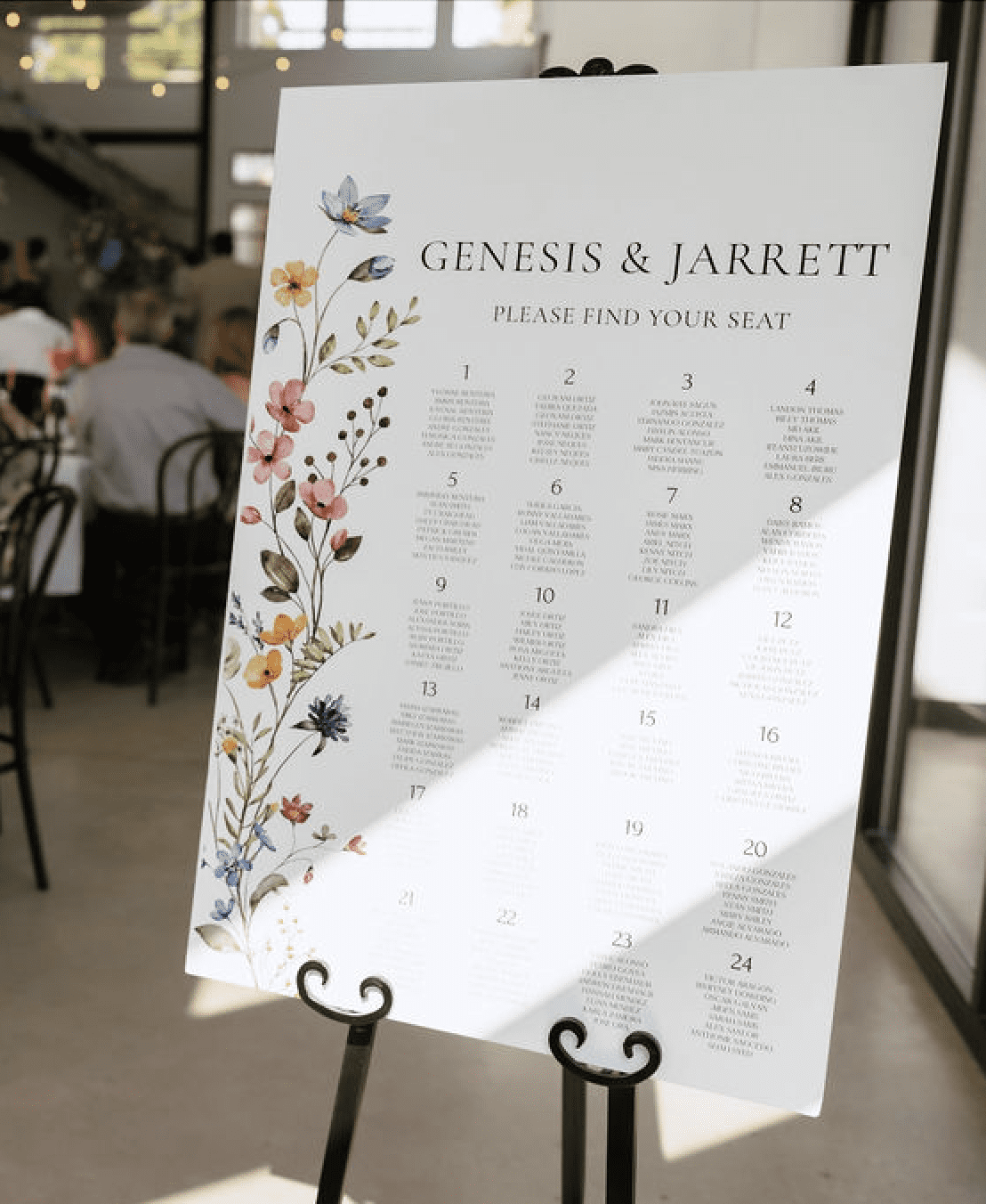 A modern and elegant escort card display at an Austin, Texas wedding.